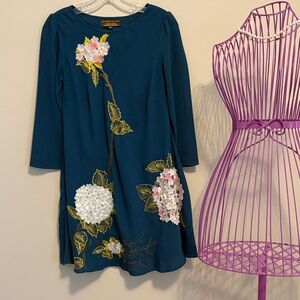 Varun Bahl Elegant Teal Dress with Floral Appliqués